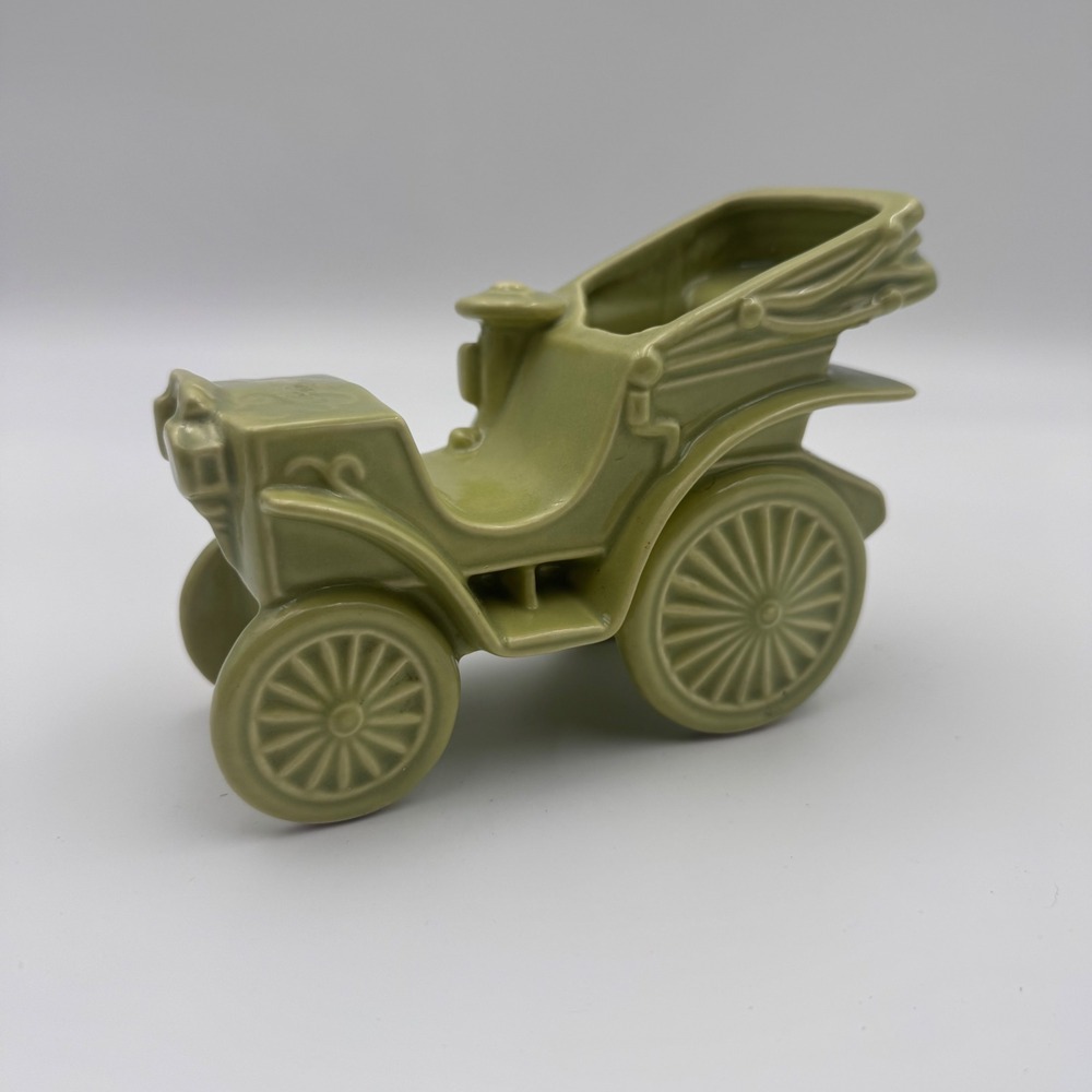 Vintage Sage Green Ceramic Antique Car Planter Horseless Carriage Figurine